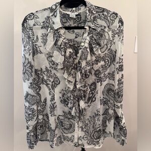 CAbi Elegant Black and White Paisley Ruffle Neck & Sleeve Blouse